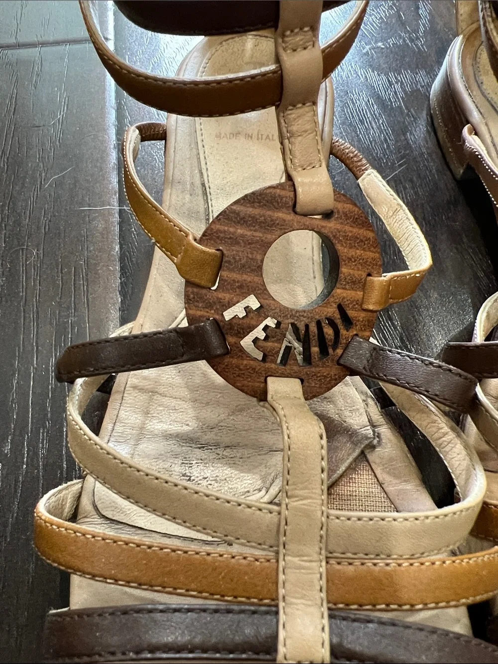 Fendi Gladiator Sandals with Wood Logo, size 39